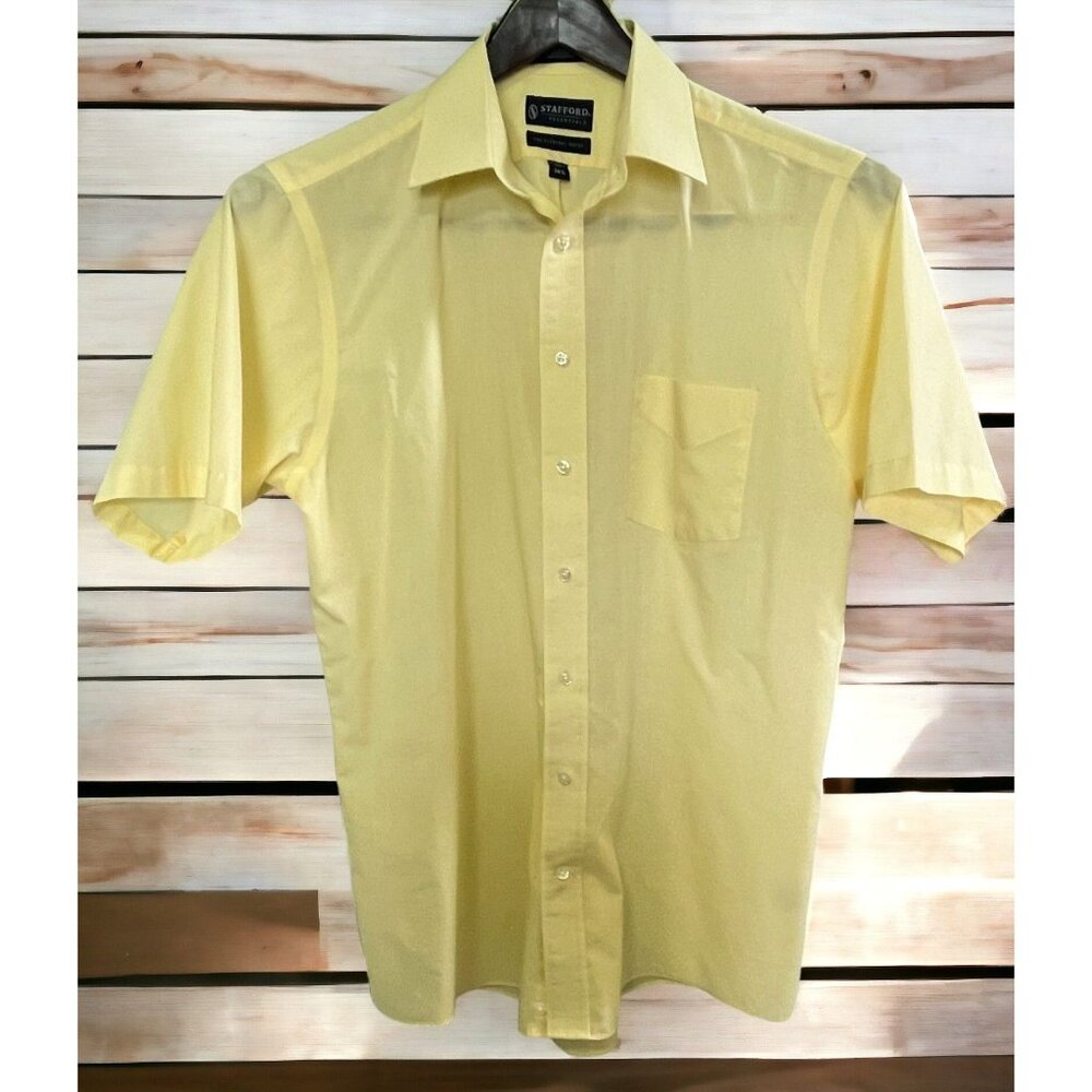 Stafford Essentials Mens Shirt Size 16.5 Yellow Short Sleeve Button Up